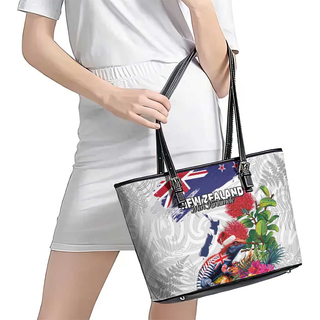 New Zealand Christmas Leather Tote Bag Meri Kirihimete-Tuatara and Pohutukawa White Color LT03 - Polynesian Pride