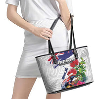 New Zealand Christmas Leather Tote Bag Meri Kirihimete-Tuatara and Pohutukawa White Color LT03 - Polynesian Pride