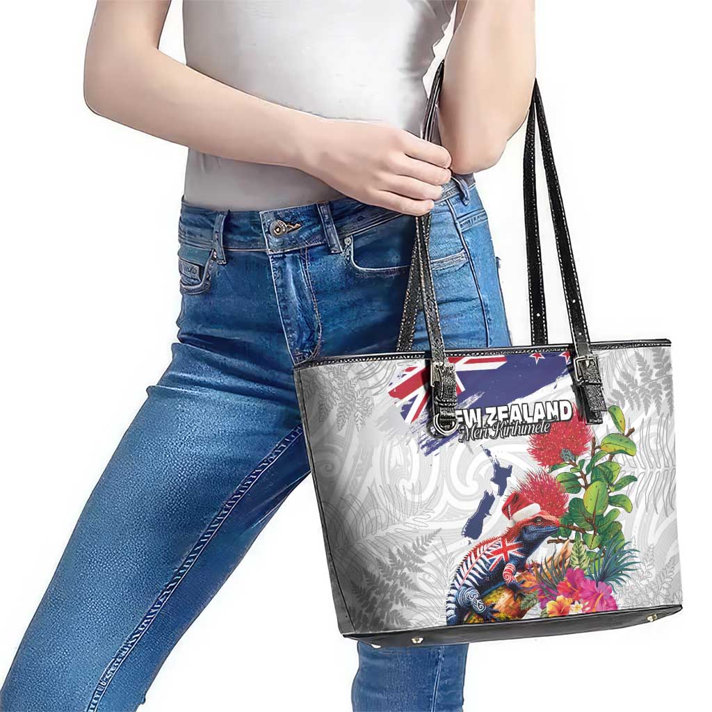 New Zealand Christmas Leather Tote Bag Meri Kirihimete-Tuatara and Pohutukawa White Color LT03 - Polynesian Pride