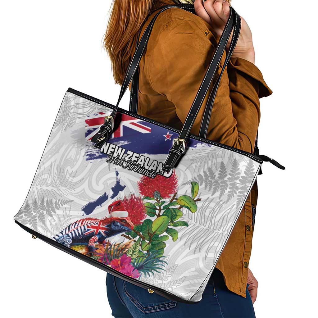 New Zealand Christmas Leather Tote Bag Meri Kirihimete-Tuatara and Pohutukawa White Color LT03 - Polynesian Pride