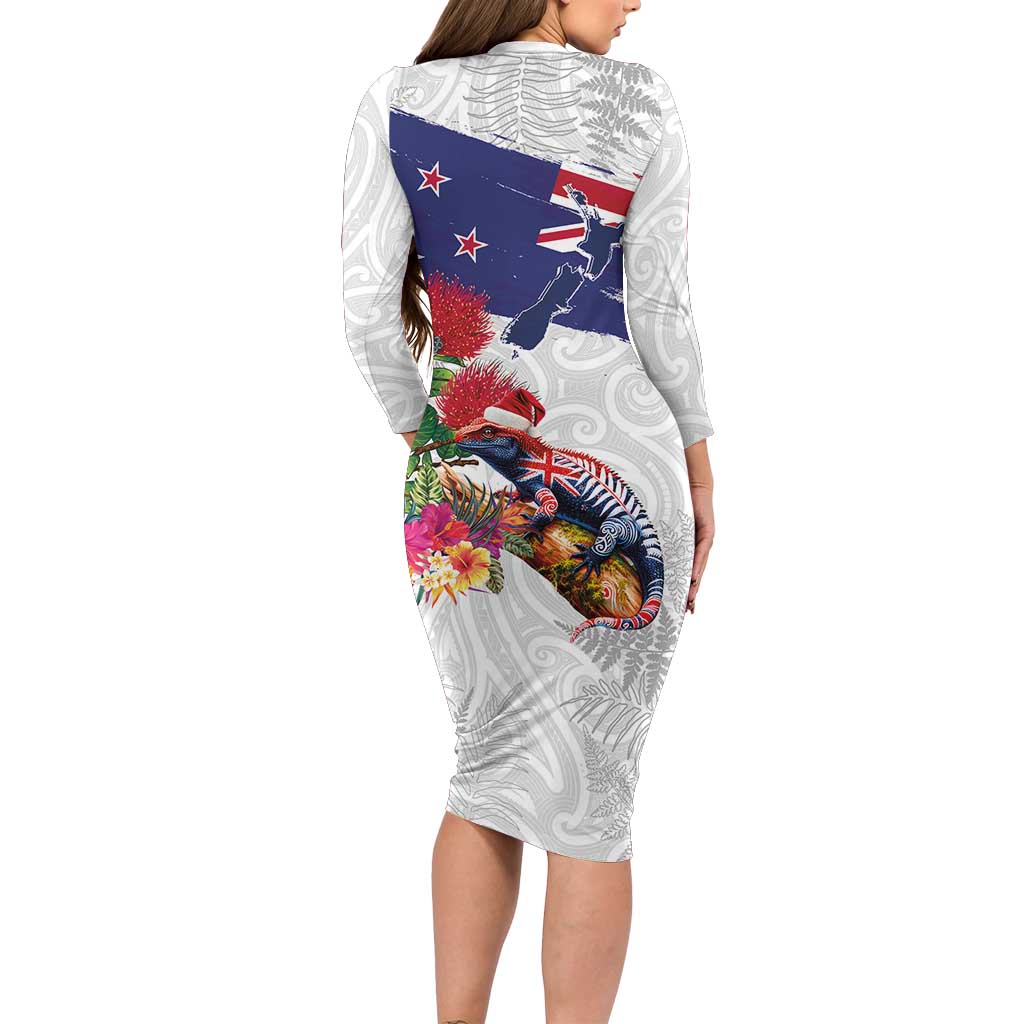 New Zealand Christmas Long Sleeve Bodycon Dress Meri Kirihimete-Tuatara and Pohutukawa White Color LT03 - Polynesian Pride