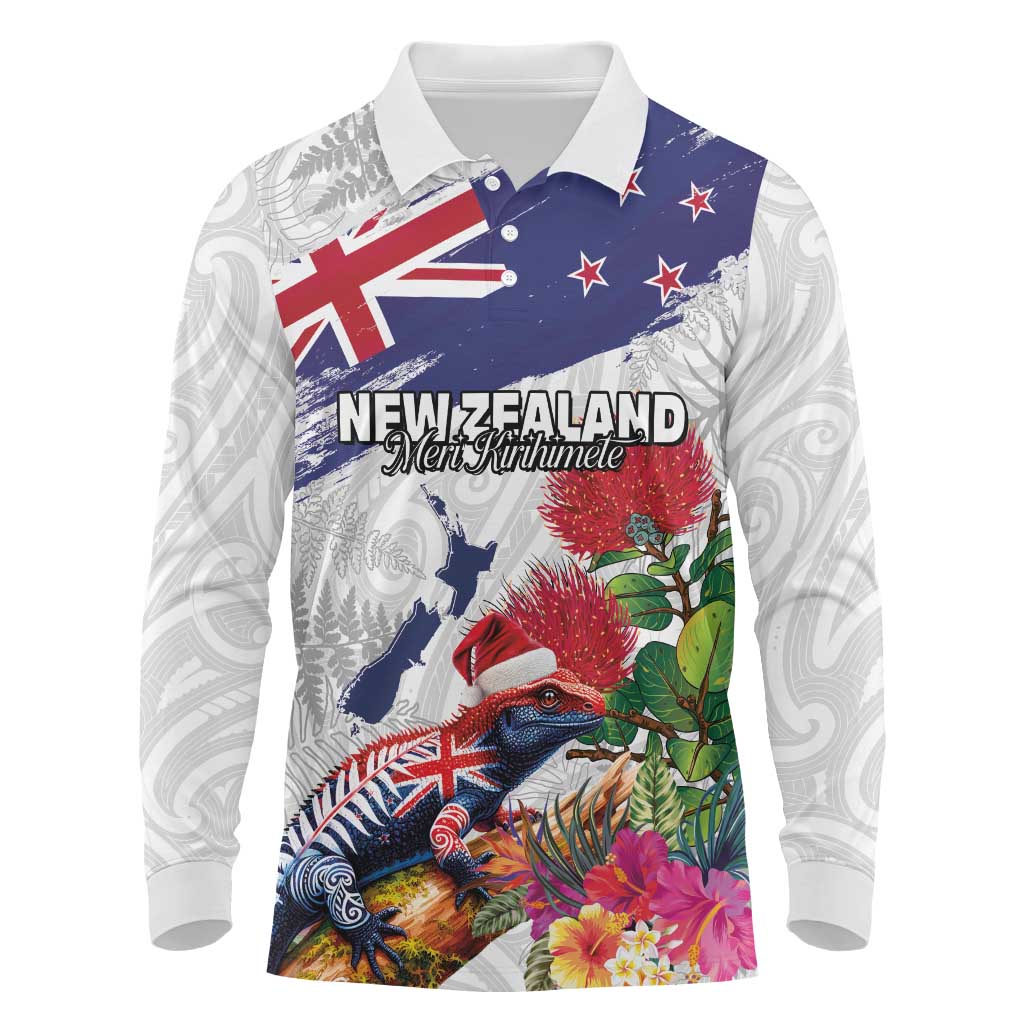 New Zealand Christmas Long Sleeve Polo Shirt Meri Kirihimete-Tuatara and Pohutukawa White Color