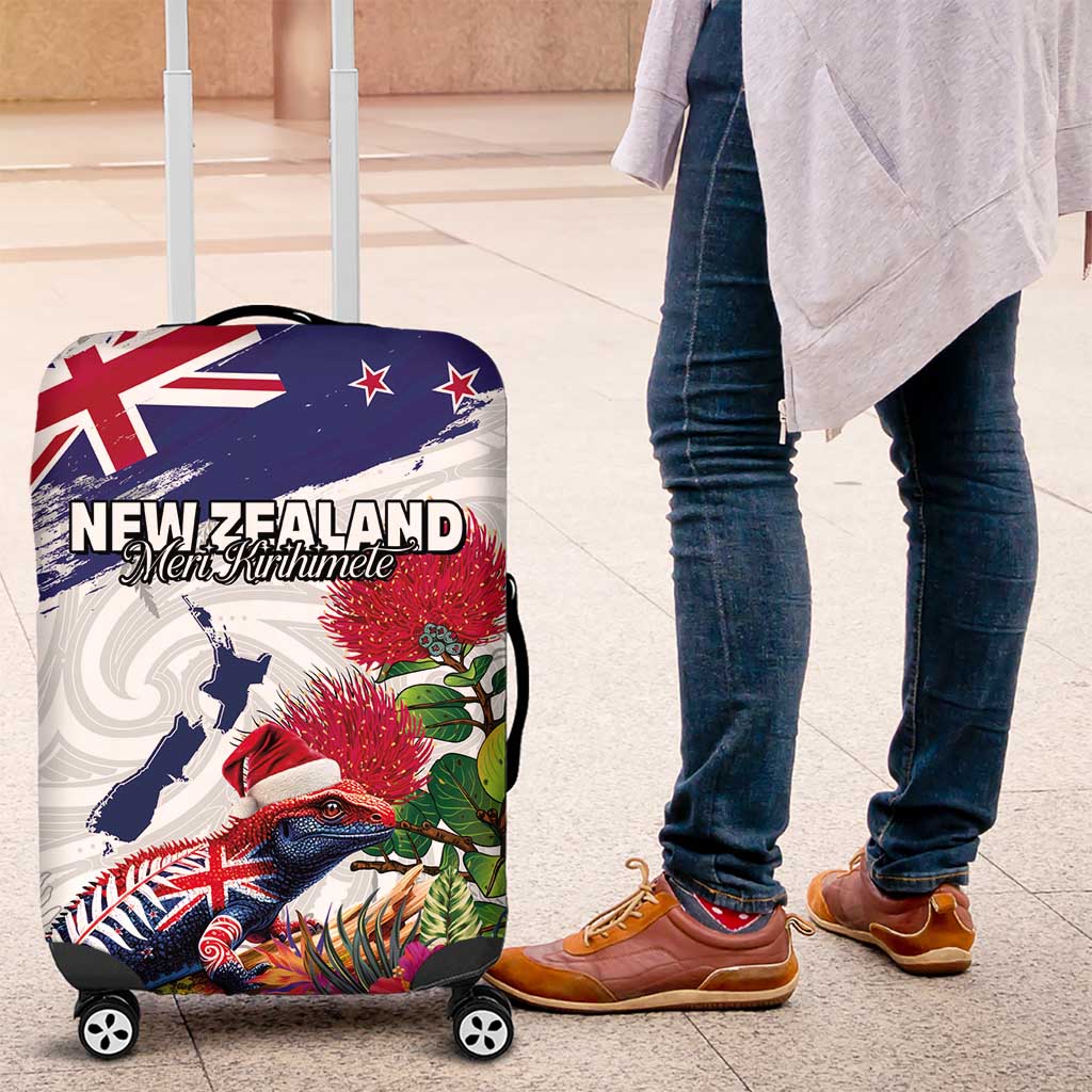 New Zealand Christmas Luggage Cover Meri Kirihimete-Tuatara and Pohutukawa White Color LT03 White - Polynesian Pride