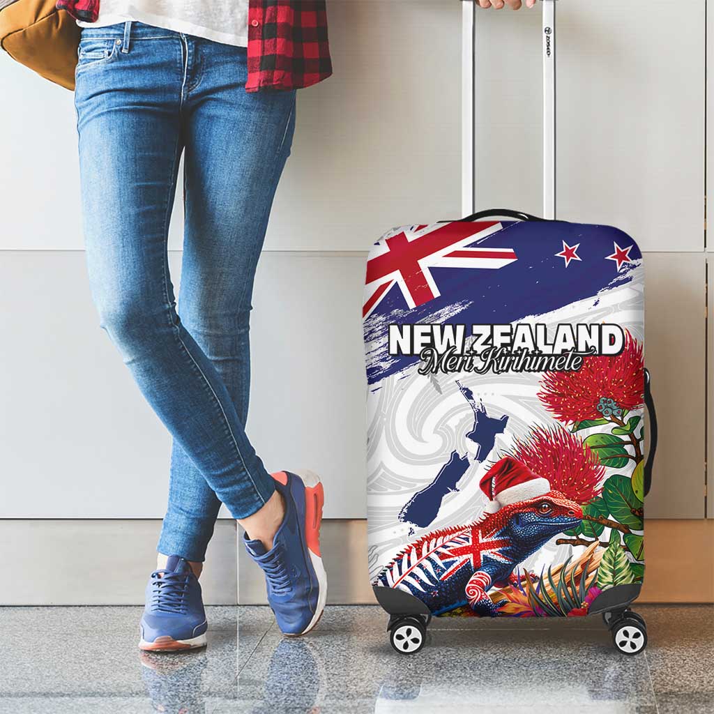 New Zealand Christmas Luggage Cover Meri Kirihimete-Tuatara and Pohutukawa White Color LT03 - Polynesian Pride