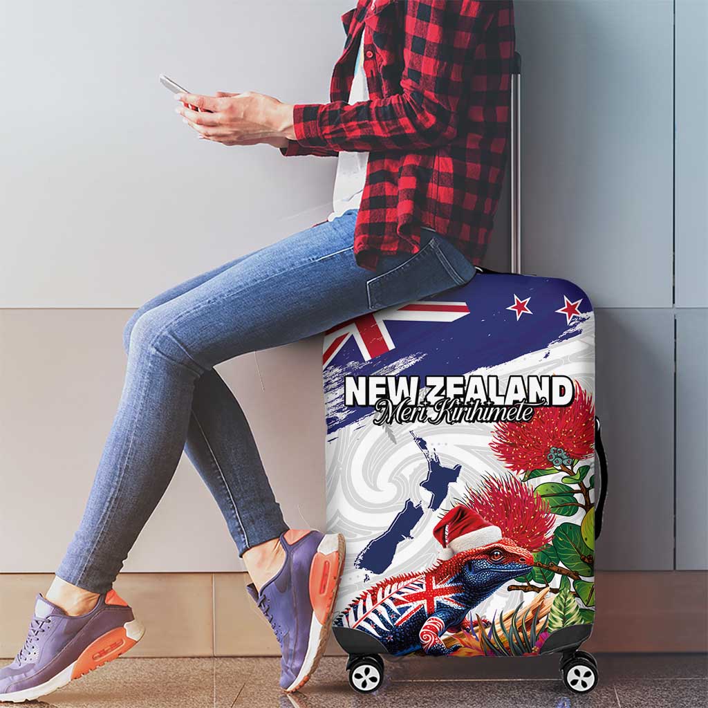 New Zealand Christmas Luggage Cover Meri Kirihimete-Tuatara and Pohutukawa White Color LT03 - Polynesian Pride