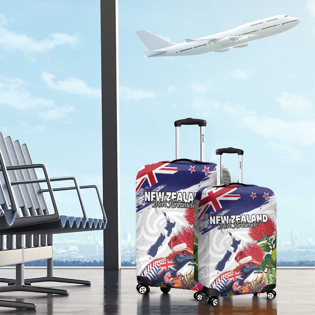 New Zealand Christmas Luggage Cover Meri Kirihimete-Tuatara and Pohutukawa White Color LT03 - Polynesian Pride