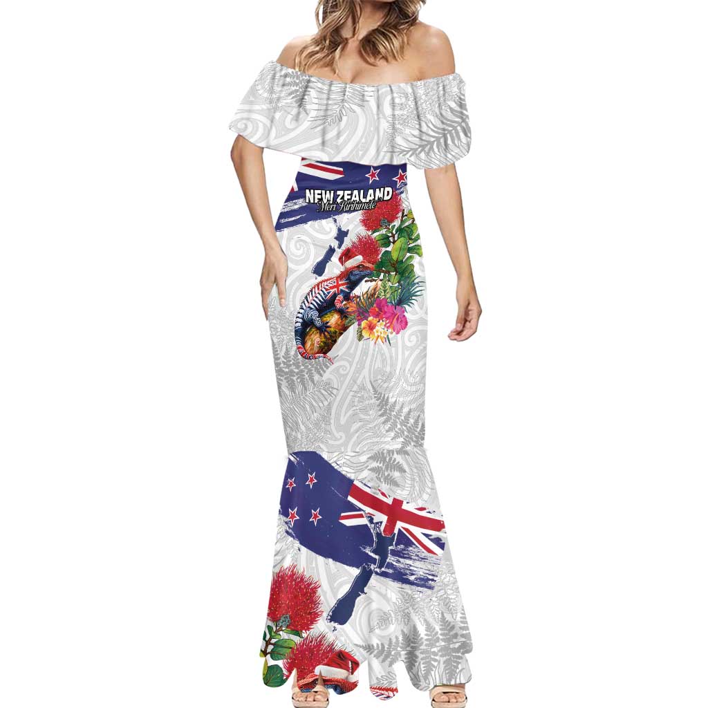 New Zealand Christmas Mermaid Dress Meri Kirihimete-Tuatara and Pohutukawa White Color LT03 - Polynesian Pride