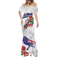 New Zealand Christmas Mermaid Dress Meri Kirihimete-Tuatara and Pohutukawa White Color LT03 - Polynesian Pride