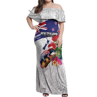 New Zealand Christmas Off Shoulder Maxi Dress Meri Kirihimete-Tuatara and Pohutukawa White Color