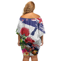 New Zealand Christmas Off Shoulder Short Dress Meri Kirihimete-Tuatara and Pohutukawa White Color LT03 - Polynesian Pride