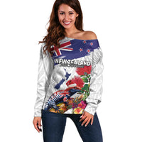 New Zealand Christmas Off Shoulder Sweater Meri Kirihimete-Tuatara and Pohutukawa White Color LT03 Women White - Polynesian Pride