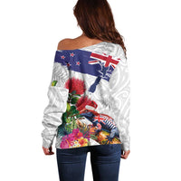New Zealand Christmas Off Shoulder Sweater Meri Kirihimete-Tuatara and Pohutukawa White Color LT03 - Polynesian Pride