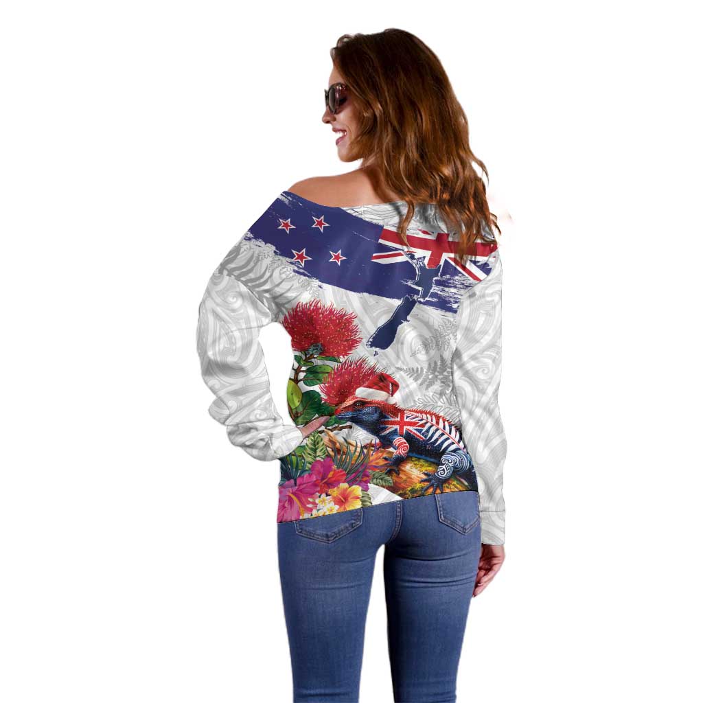 New Zealand Christmas Off Shoulder Sweater Meri Kirihimete-Tuatara and Pohutukawa White Color LT03 - Polynesian Pride