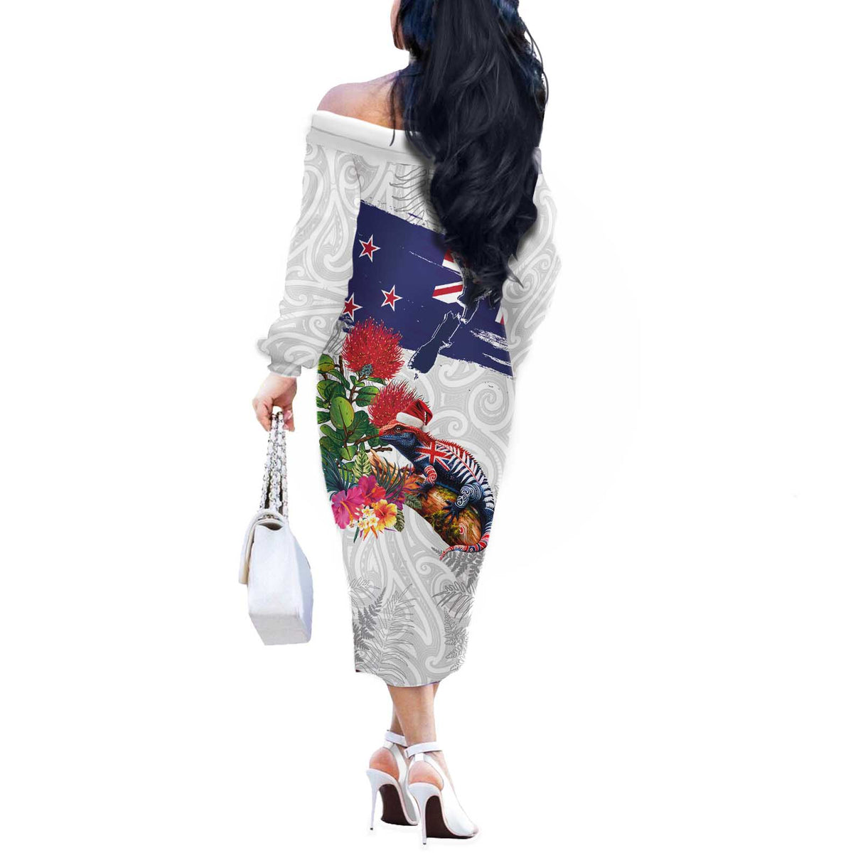 New Zealand Christmas Off The Shoulder Long Sleeve Dress Meri Kirihimete-Tuatara and Pohutukawa White Color LT03 - Polynesian Pride