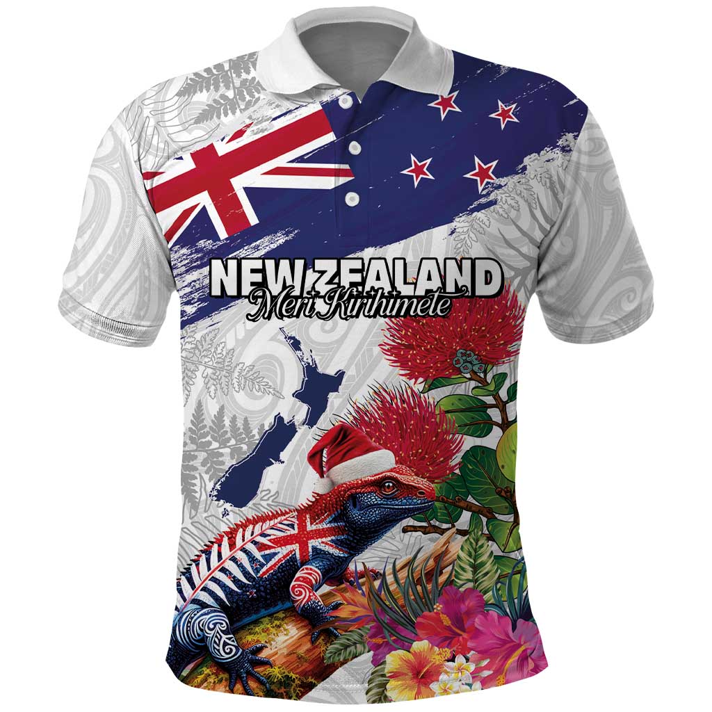 New Zealand Christmas Polo Shirt Meri Kirihimete-Tuatara and Pohutukawa White Color