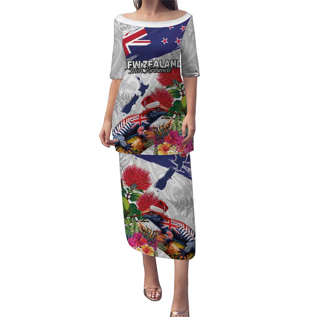 New Zealand Christmas Puletasi Meri Kirihimete-Tuatara and Pohutukawa White Color LT03 Long Dress White - Polynesian Pride