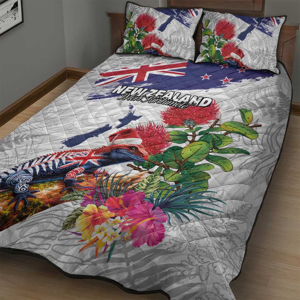 New Zealand Christmas Quilt Bed Set Meri Kirihimete-Tuatara and Pohutukawa White Color LT03 - Polynesian Pride