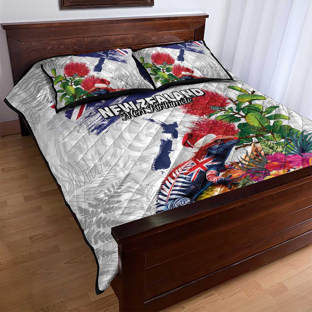 New Zealand Christmas Quilt Bed Set Meri Kirihimete-Tuatara and Pohutukawa White Color LT03 - Polynesian Pride