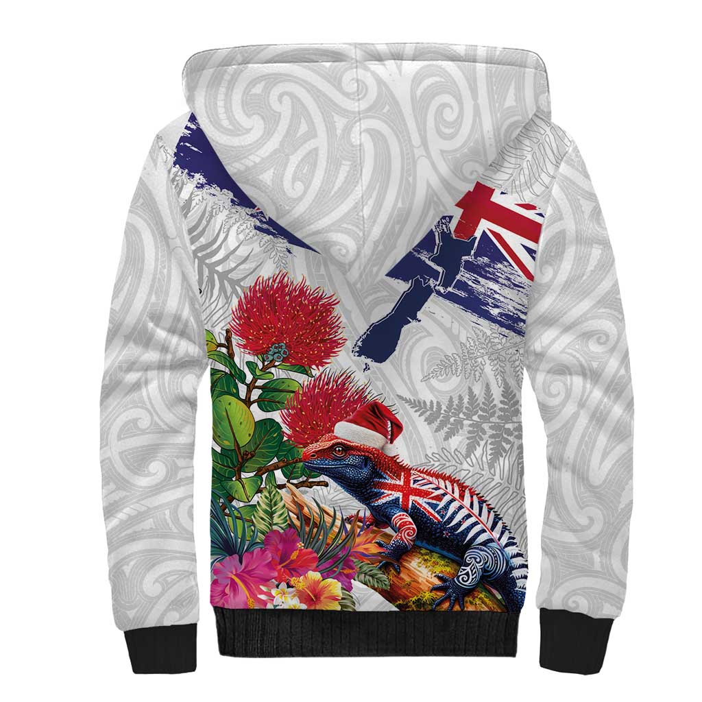New Zealand Christmas Sherpa Hoodie Meri Kirihimete-Tuatara and Pohutukawa White Color LT03 - Polynesian Pride