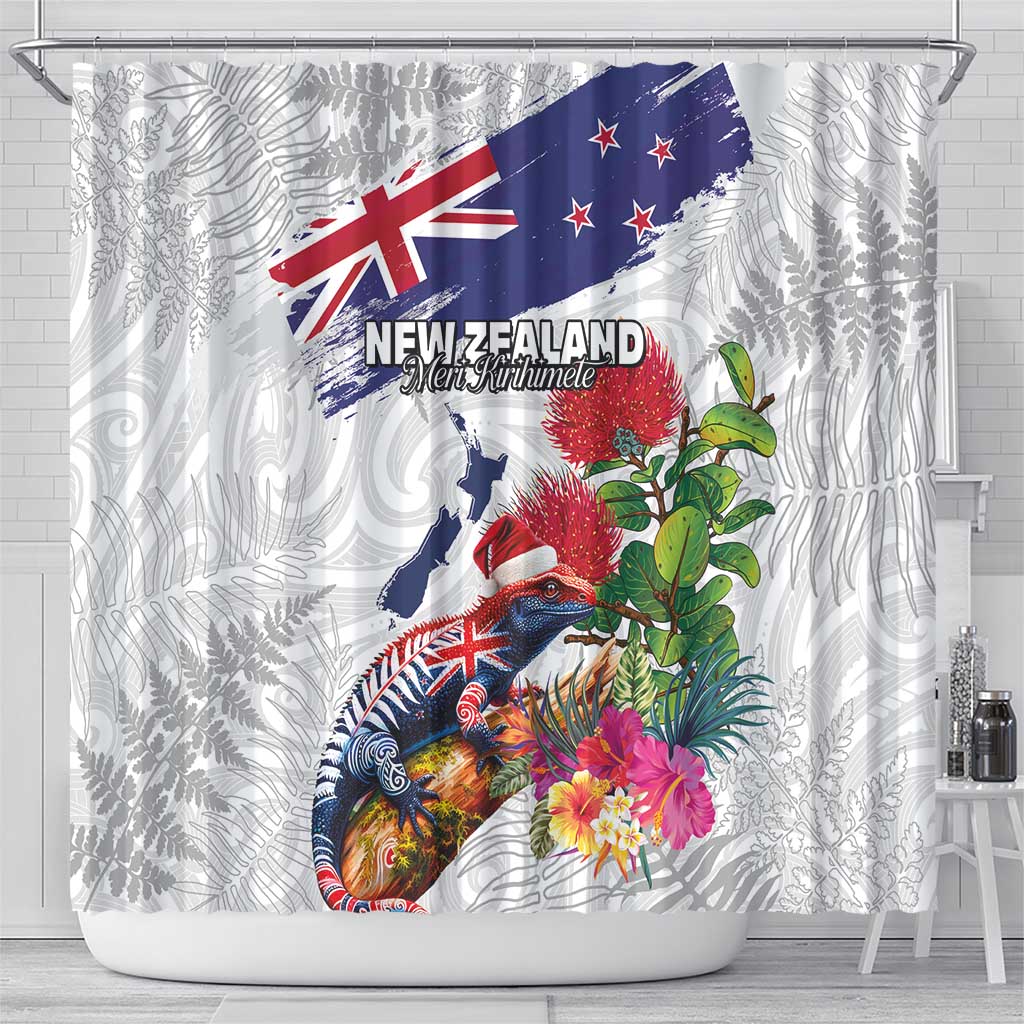 New Zealand Christmas Shower Curtain Meri Kirihimete-Tuatara and Pohutukawa White Color LT03 - Polynesian Pride