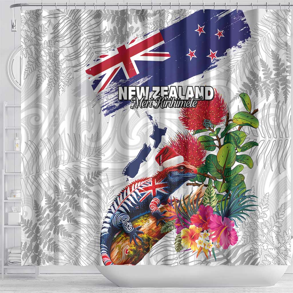New Zealand Christmas Shower Curtain Meri Kirihimete-Tuatara and Pohutukawa White Color LT03 - Polynesian Pride