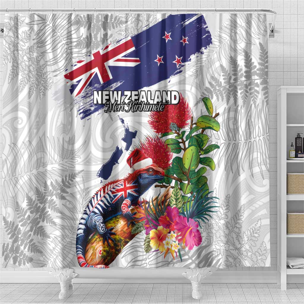 New Zealand Christmas Shower Curtain Meri Kirihimete-Tuatara and Pohutukawa White Color LT03 - Polynesian Pride