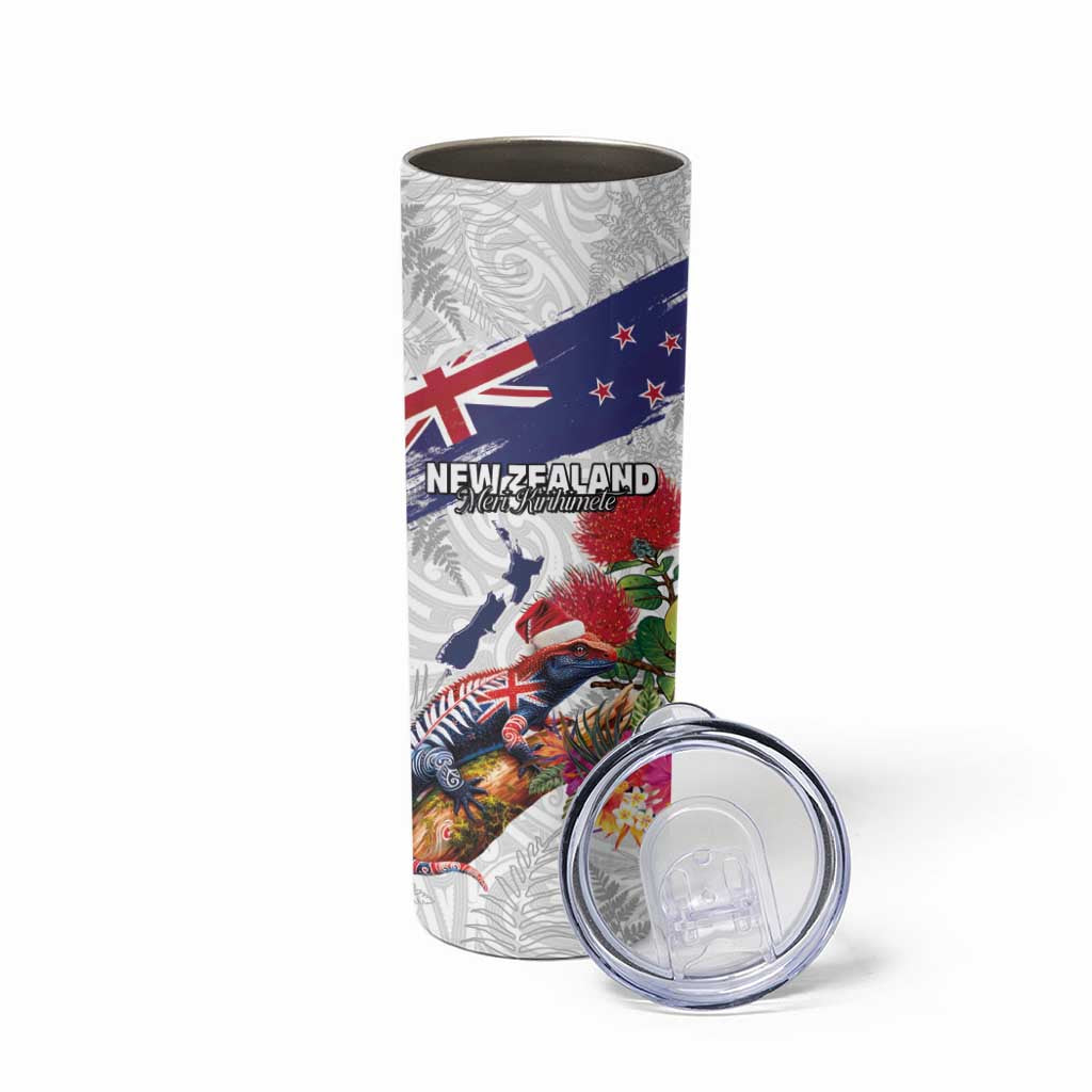 New Zealand Christmas Skinny Tumbler Meri Kirihimete-Tuatara and Pohutukawa White Color LT03 - Polynesian Pride