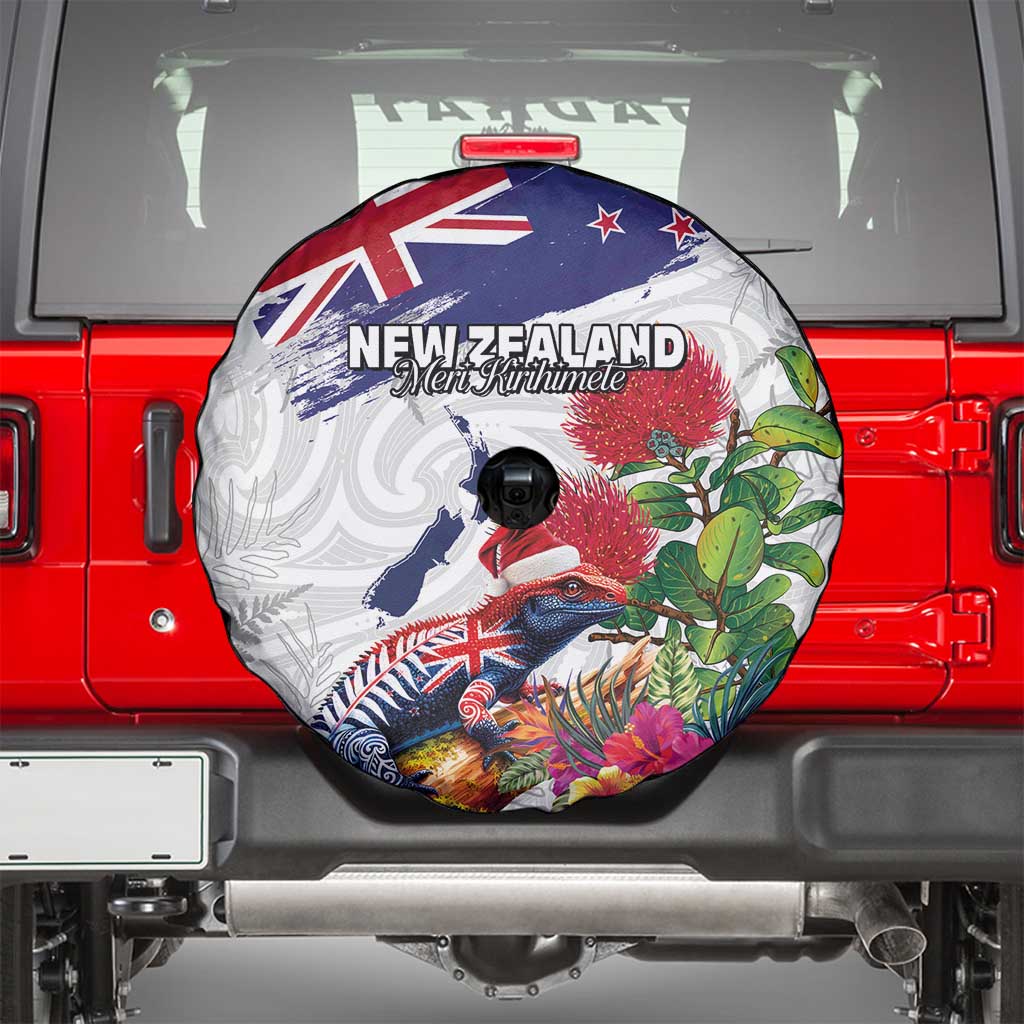 New Zealand Christmas Spare Tire Cover Meri Kirihimete-Tuatara and Pohutukawa White Color LT03 - Polynesian Pride