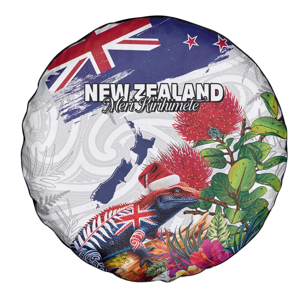 New Zealand Christmas Spare Tire Cover Meri Kirihimete-Tuatara and Pohutukawa White Color LT03 - Polynesian Pride