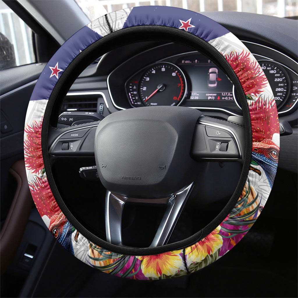 New Zealand Christmas Steering Wheel Cover Meri Kirihimete-Tuatara and Pohutukawa White Color LT03 - Polynesian Pride