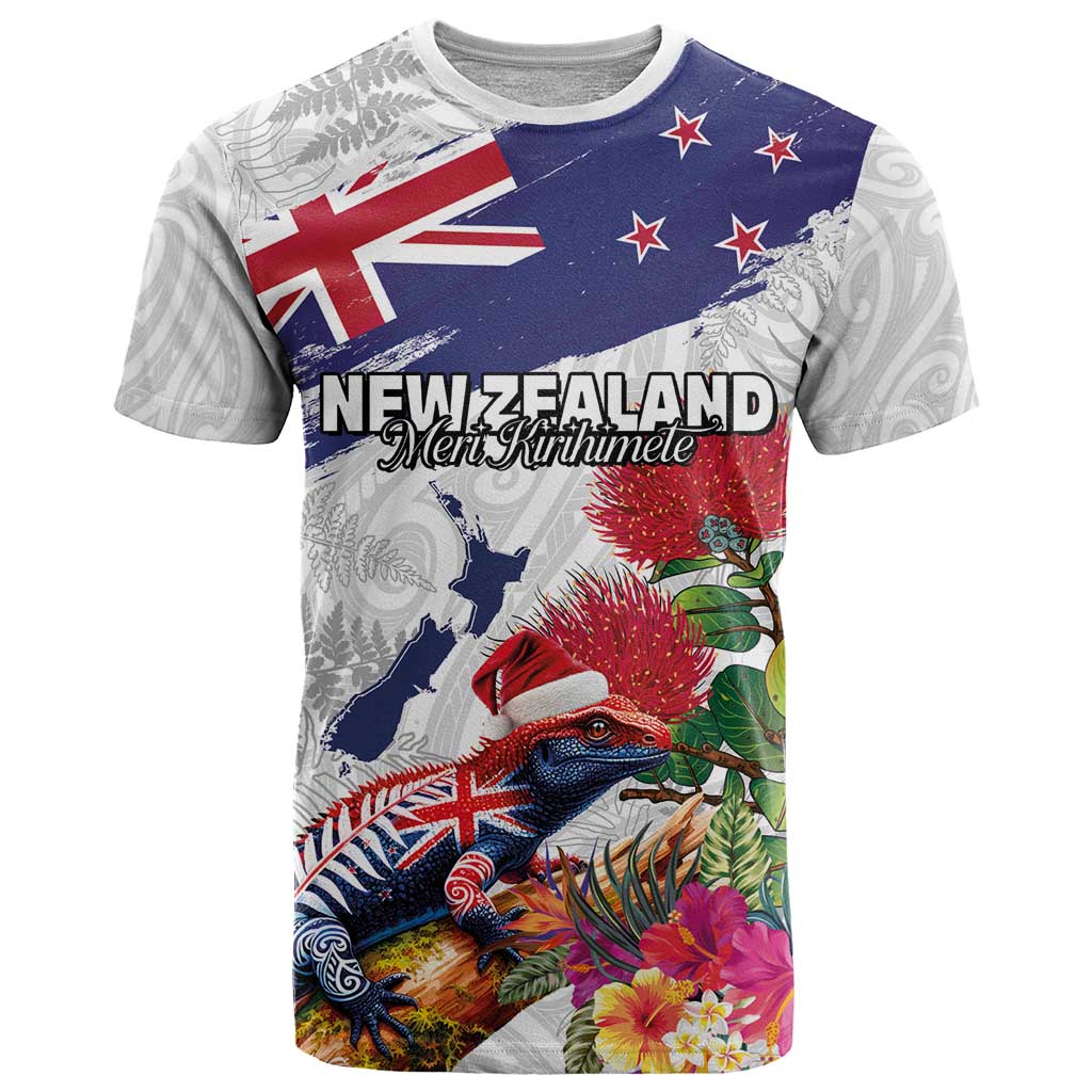 New Zealand Christmas T Shirt Meri Kirihimete-Tuatara and Pohutukawa White Color