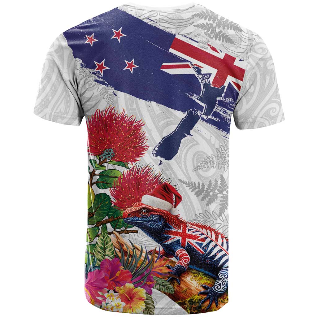 New Zealand Christmas T Shirt Meri Kirihimete-Tuatara and Pohutukawa White Color LT03 - Polynesian Pride