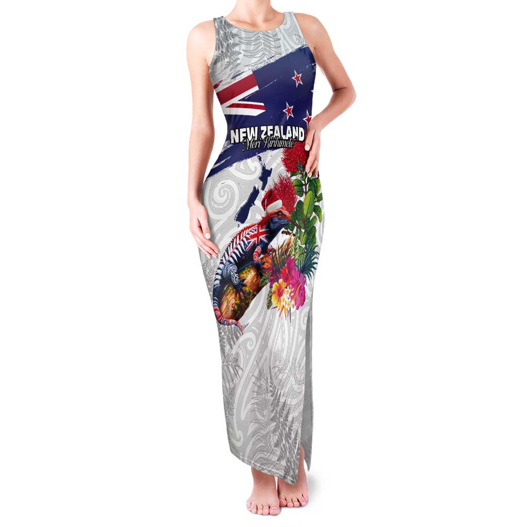 New Zealand Christmas Tank Maxi Dress Meri Kirihimete-Tuatara and Pohutukawa White Color LT03 Women White - Polynesian Pride
