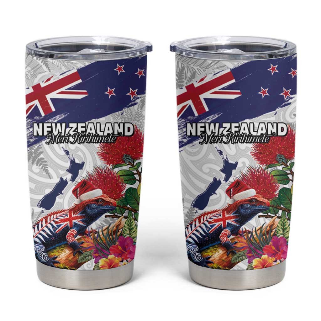 New Zealand Christmas Tumbler Cup Meri Kirihimete-Tuatara and Pohutukawa White Color LT03 White - Polynesian Pride