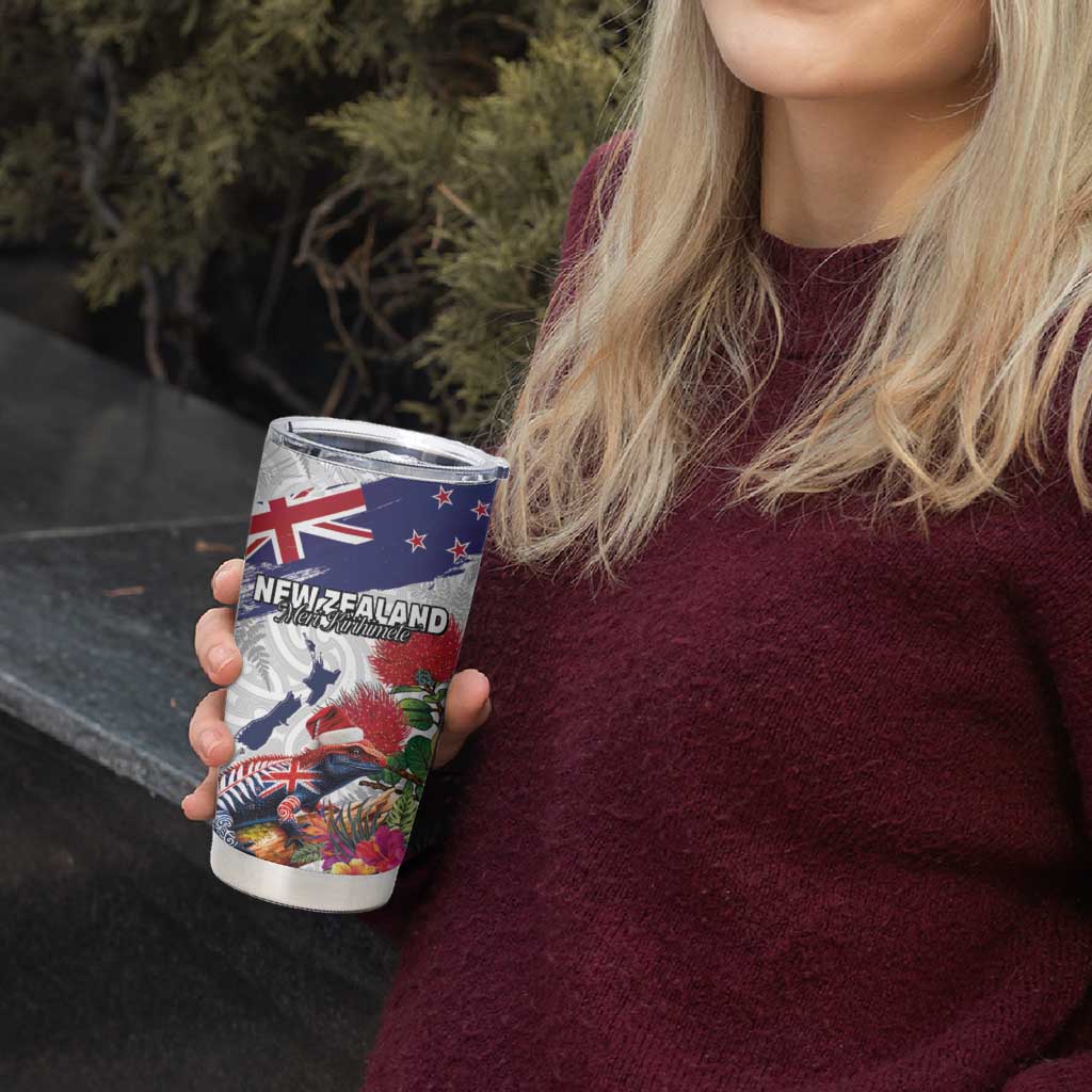 New Zealand Christmas Tumbler Cup Meri Kirihimete-Tuatara and Pohutukawa White Color LT03 - Polynesian Pride
