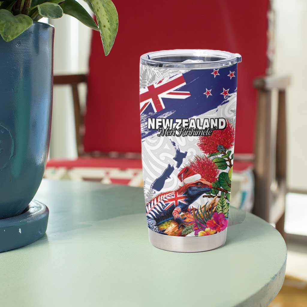 New Zealand Christmas Tumbler Cup Meri Kirihimete-Tuatara and Pohutukawa White Color LT03 - Polynesian Pride