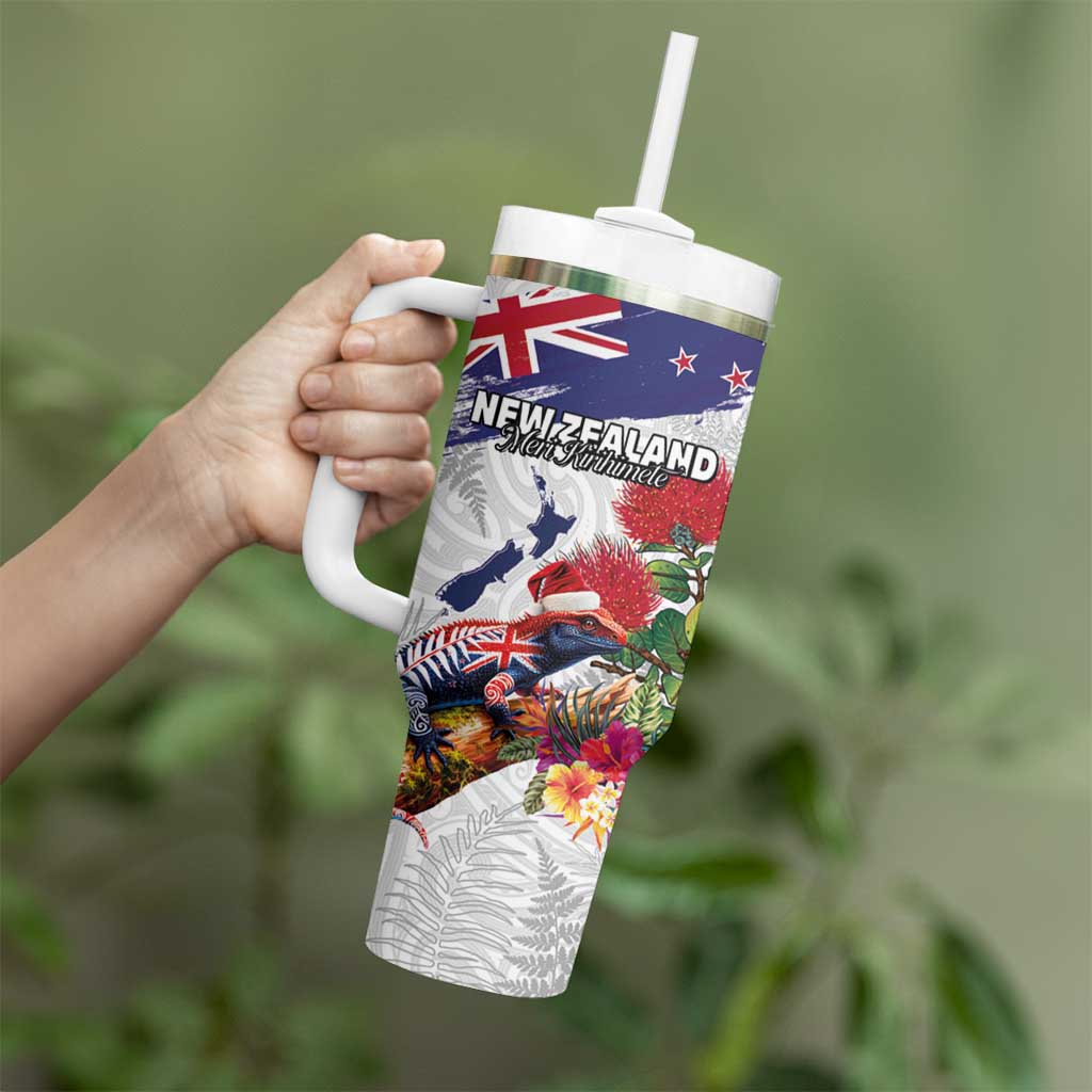 New Zealand Christmas Tumbler With Handle Meri Kirihimete-Tuatara and Pohutukawa White Color LT03 - Polynesian Pride