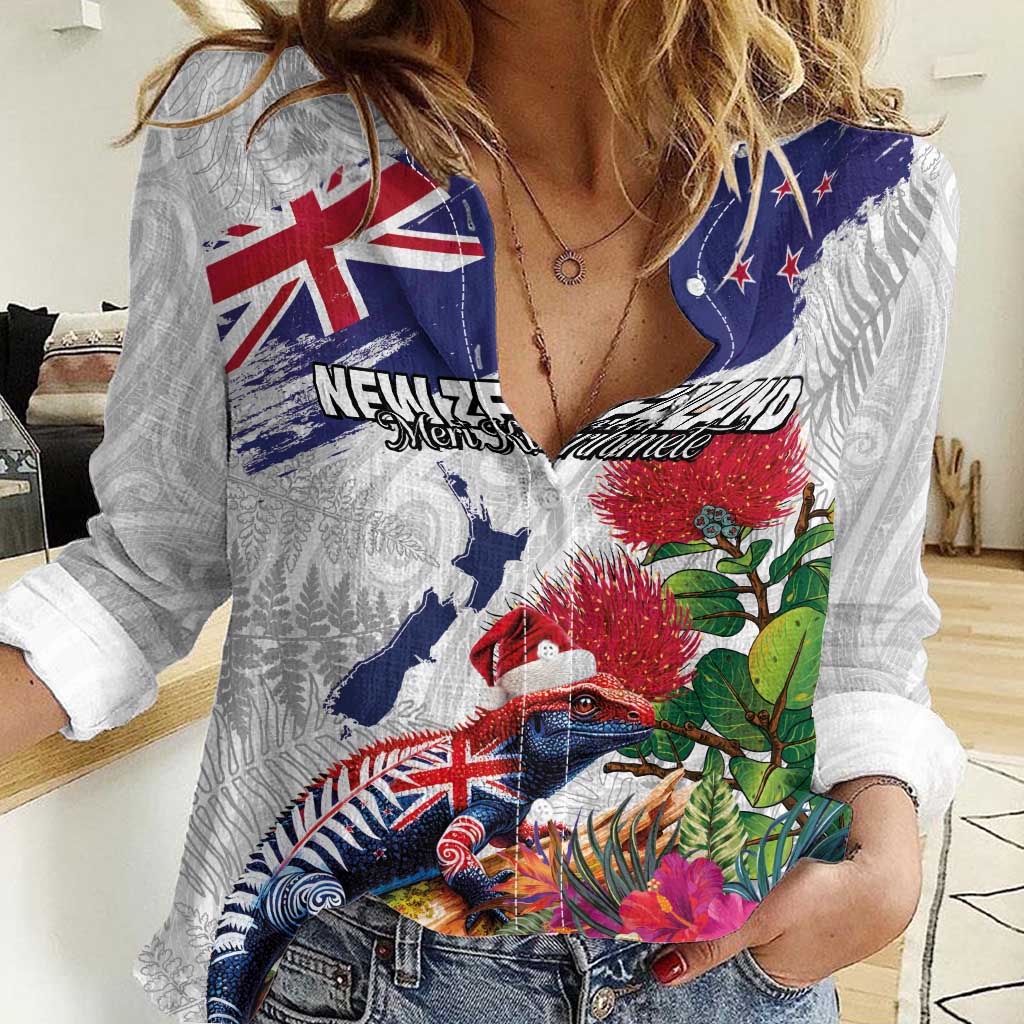 New Zealand Christmas Women Casual Shirt Meri Kirihimete-Tuatara and Pohutukawa White Color LT03 Female White - Polynesian Pride