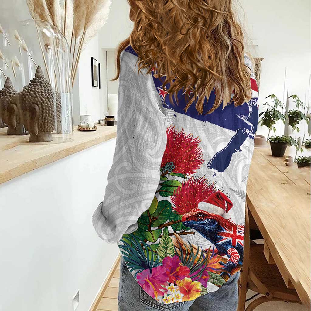 New Zealand Christmas Women Casual Shirt Meri Kirihimete-Tuatara and Pohutukawa White Color LT03 - Polynesian Pride