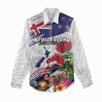 New Zealand Christmas Women Casual Shirt Meri Kirihimete-Tuatara and Pohutukawa White Color LT03 - Polynesian Pride