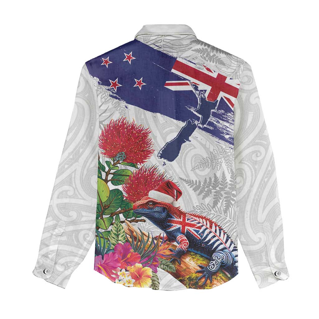 New Zealand Christmas Women Casual Shirt Meri Kirihimete-Tuatara and Pohutukawa White Color LT03 - Polynesian Pride