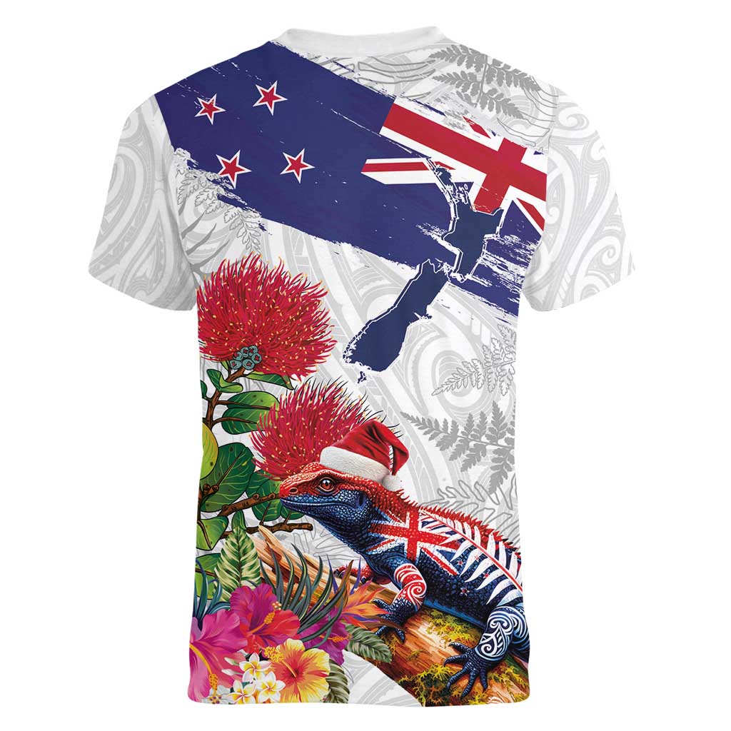 New Zealand Christmas Women V-Neck T-Shirt Meri Kirihimete-Tuatara and Pohutukawa White Color