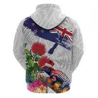 New Zealand Christmas Zip Hoodie Meri Kirihimete-Tuatara and Pohutukawa White Color LT03 - Polynesian Pride