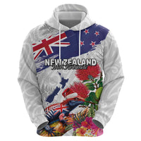 New Zealand Christmas Zip Hoodie Meri Kirihimete-Tuatara and Pohutukawa White Color LT03 - Polynesian Pride