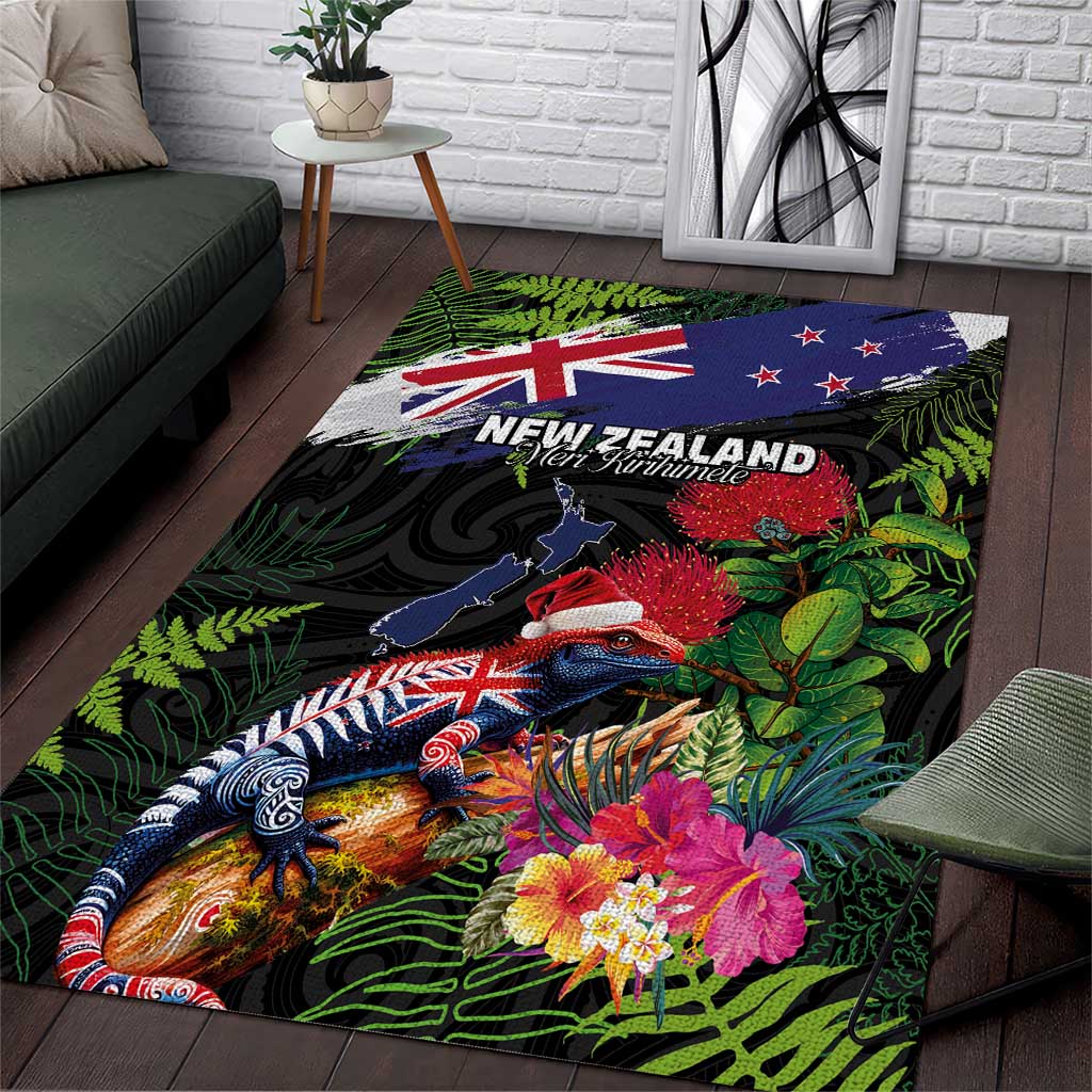 New Zealand Christmas Area Rug Meri Kirihimete-Tuatara and Pohutukawa Black Color LT03 Black - Polynesian Pride