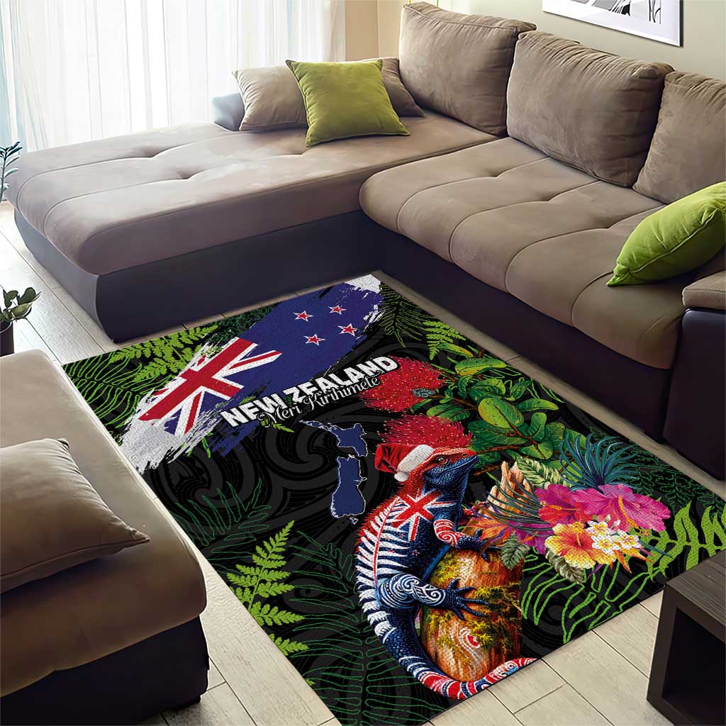 New Zealand Christmas Area Rug Meri Kirihimete-Tuatara and Pohutukawa Black Color LT03 - Polynesian Pride