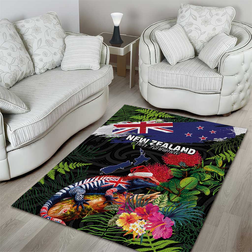 New Zealand Christmas Area Rug Meri Kirihimete-Tuatara and Pohutukawa Black Color LT03 - Polynesian Pride