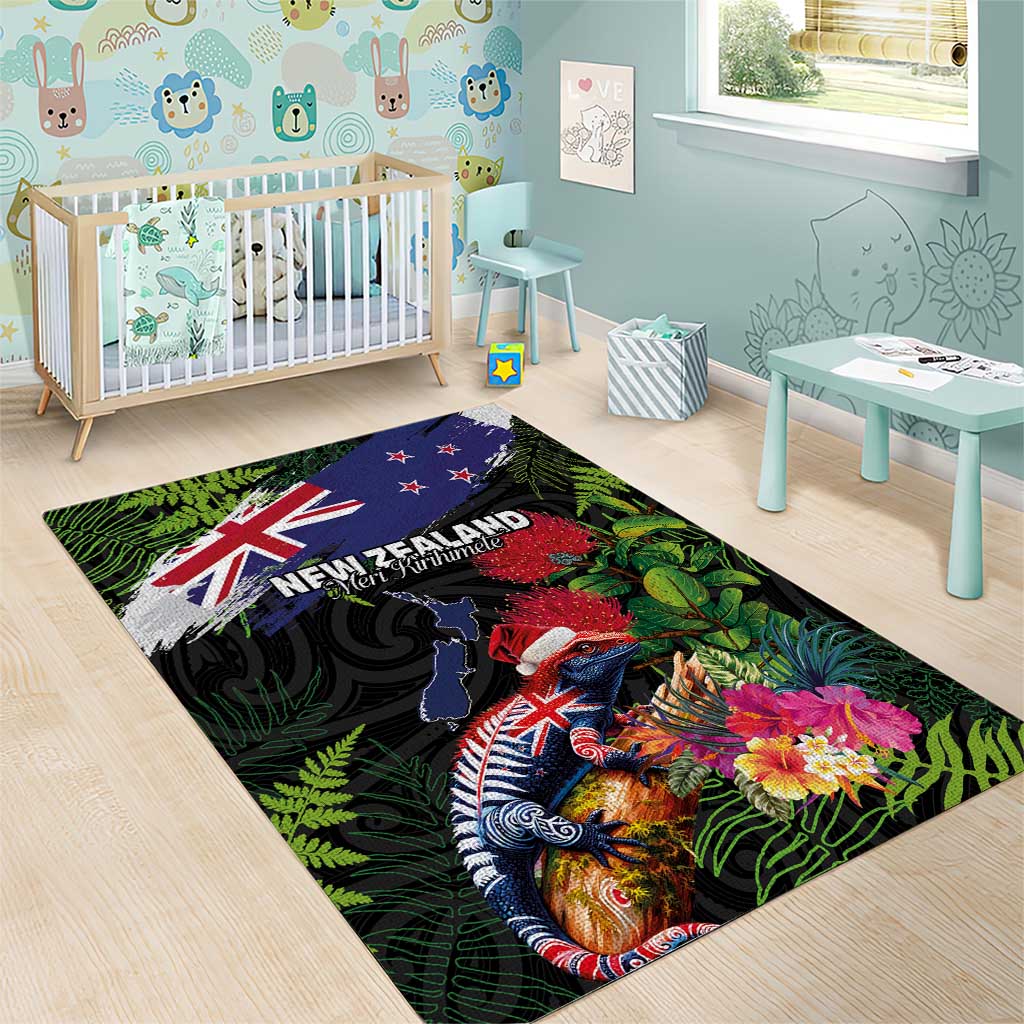 New Zealand Christmas Area Rug Meri Kirihimete-Tuatara and Pohutukawa Black Color LT03 - Polynesian Pride