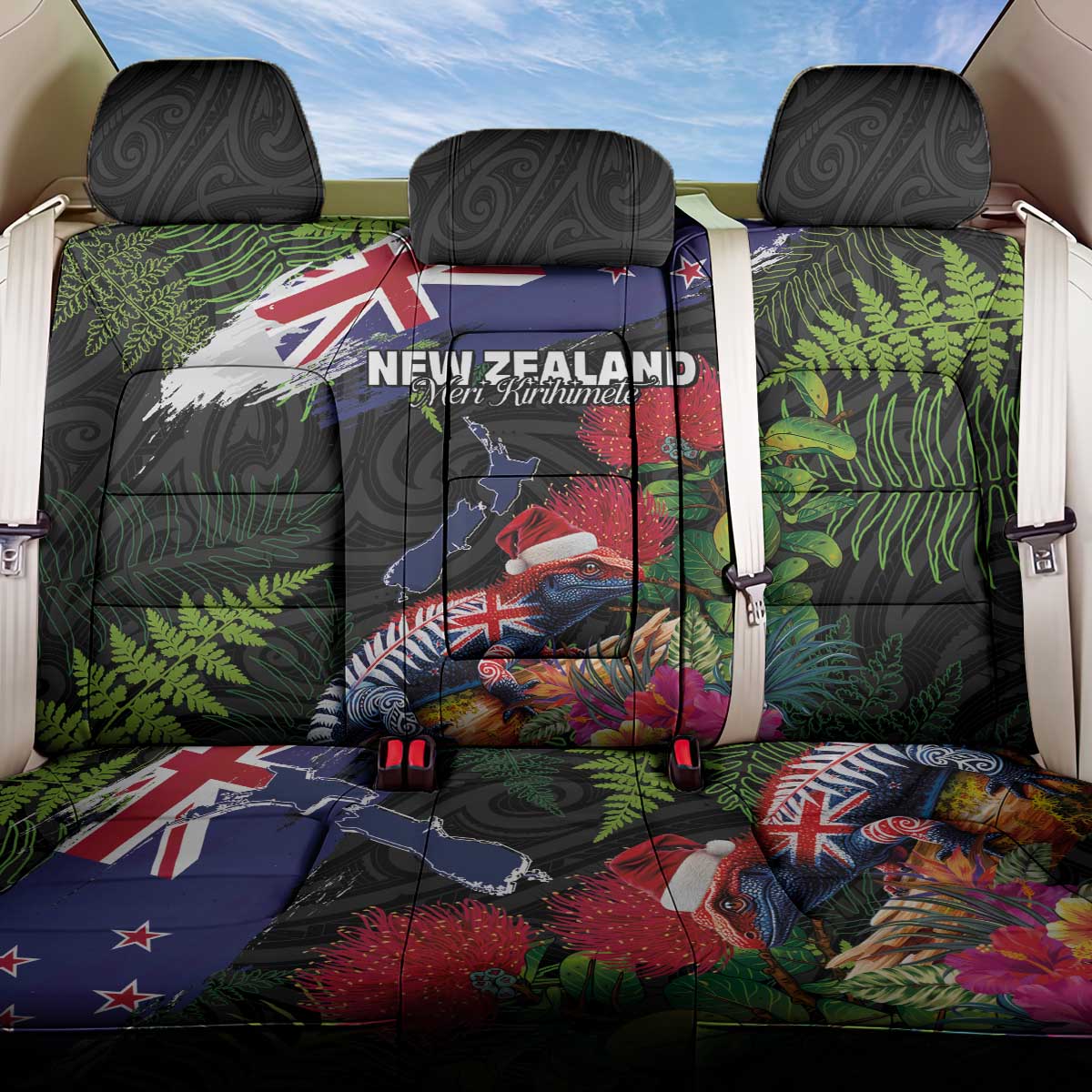 New Zealand Christmas Back Car Seat Cover Meri Kirihimete-Tuatara and Pohutukawa Black Color LT03 One Size Black - Polynesian Pride