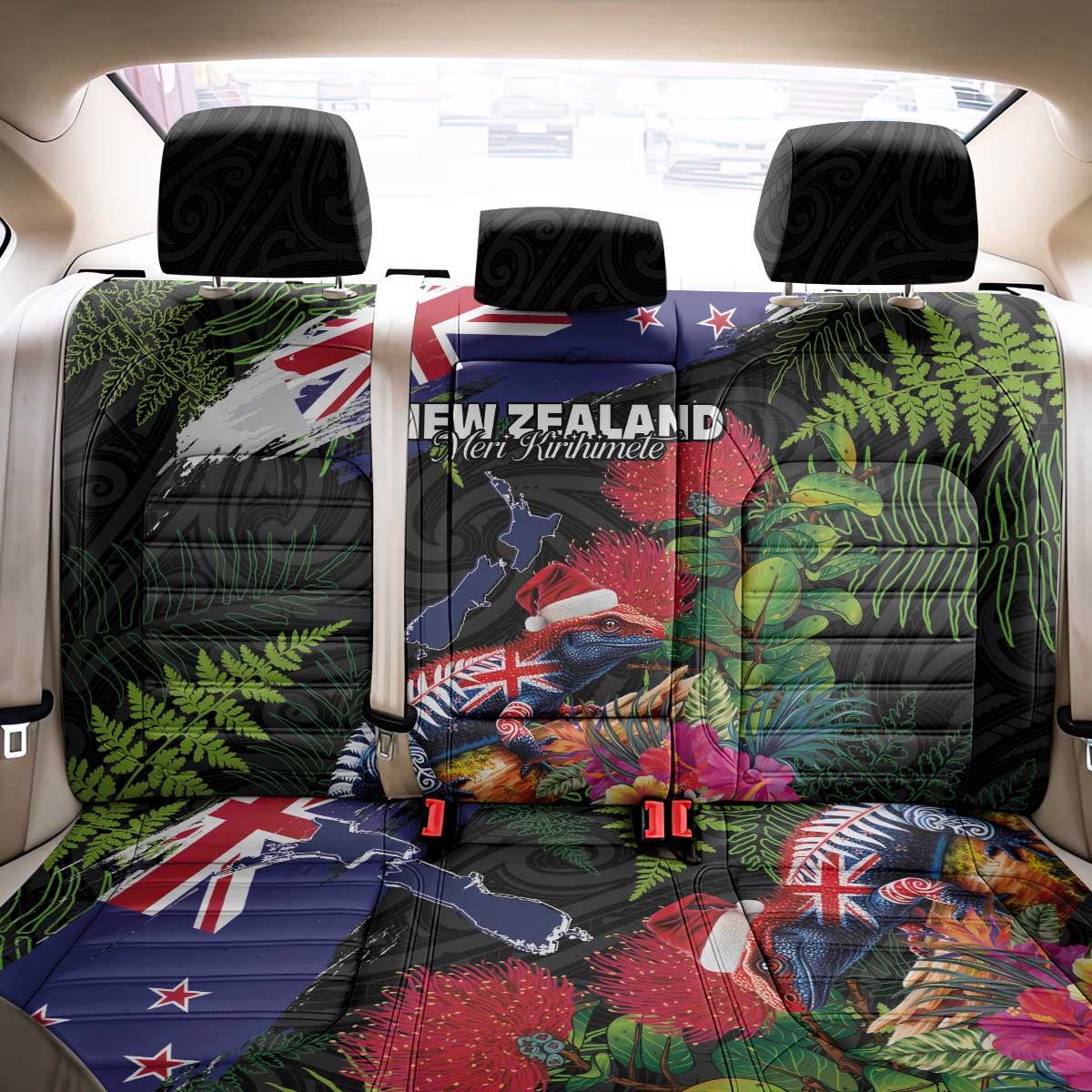 New Zealand Christmas Back Car Seat Cover Meri Kirihimete-Tuatara and Pohutukawa Black Color LT03 - Polynesian Pride